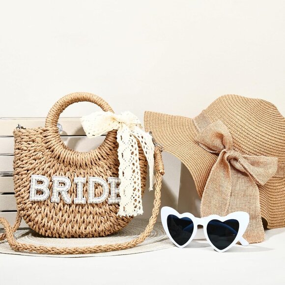 Bride Gift Set Straw Beach Bag Purse & Hat for Bridal Shower Honeymoon - Picture 7 of 7